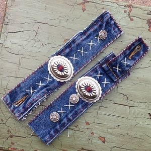 Handmade upcycled hand embroidered denim and silver conch boho cuff bracelet